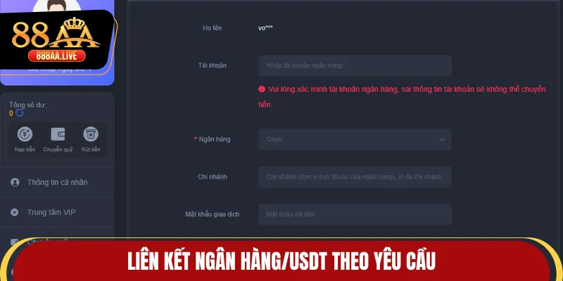 Liên kết ngân hàng/USDT theo yêu cầu