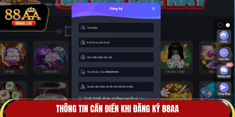 Thông tin cần điền khi đăng ký 88AA